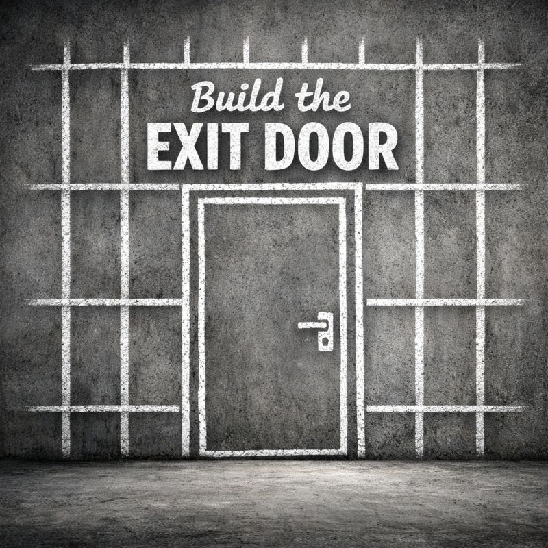 Illustration of a corporate cage with an exit door concept for career freedom.